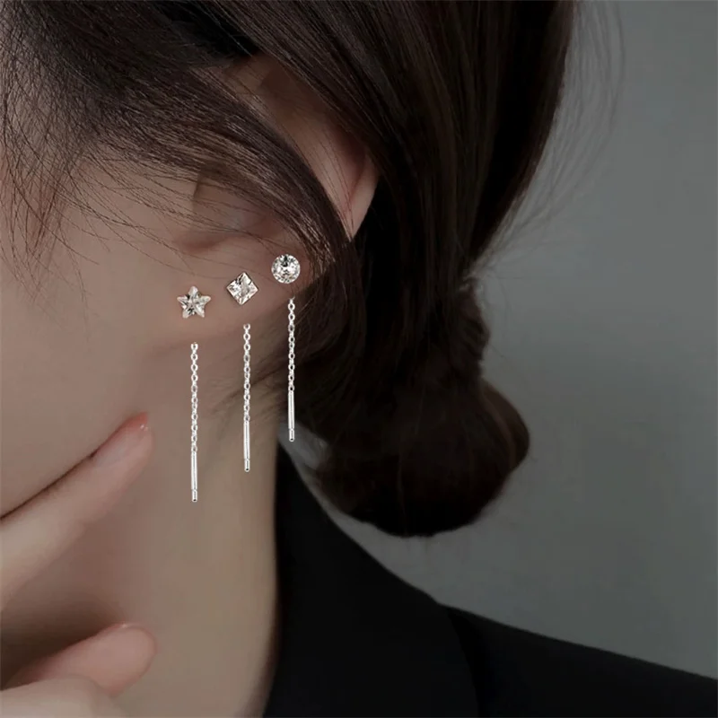 2pcs Silver Color Minimalist Gloss Zircon Tassel Drop Earrings for Women's Round Geometric Long Line Earrings Luxury Jewelry