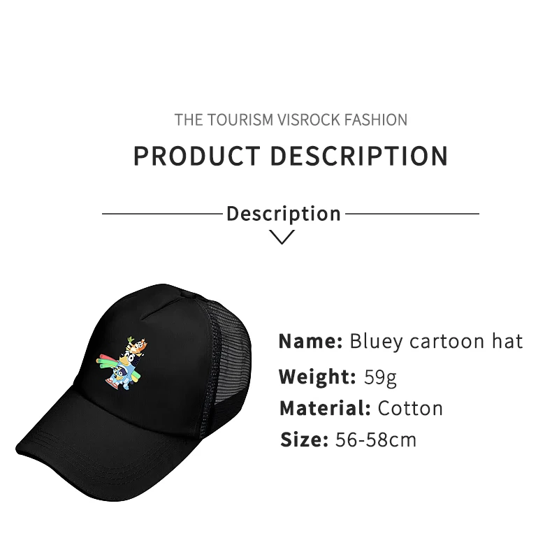 قبعات بيسبول شبكية مطبوعة من Bluey Anime Hat Bingo للبالغين: أنماط قابلة للتعديل 56-58 سم باللون الأسود/الوردي/الأبيض لحماية من أشعة الشمس في الصيف