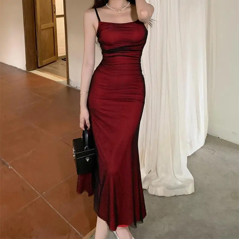 

Mingyuan Style Stepmother Contrasting Suspender Dress Summer New Sexy Slim Fit Pure Desire Style Long Skirt