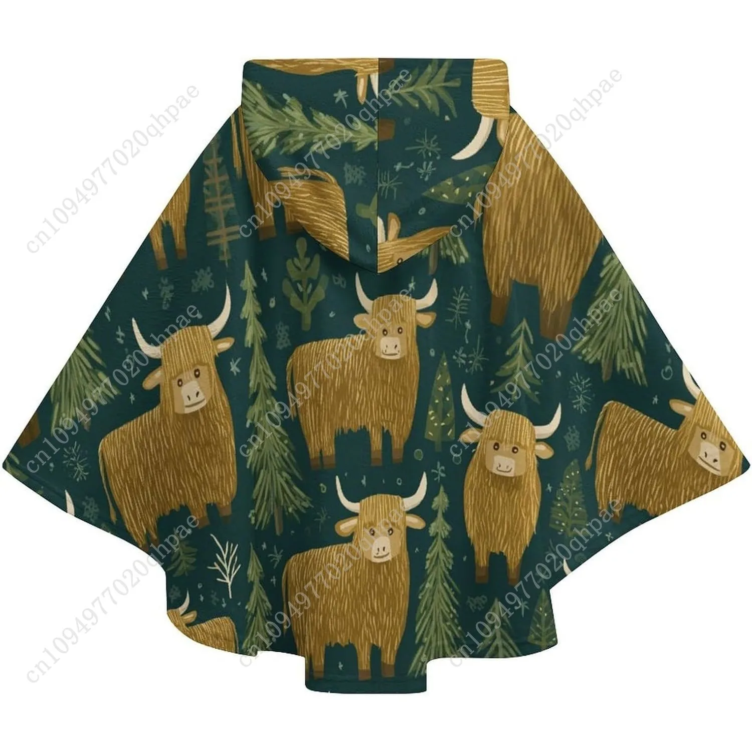 Comodo maglione coperta in flanella, felpa con cappuccio oversize con motivo mucca e alberi con tasche per bambini e adolescenti