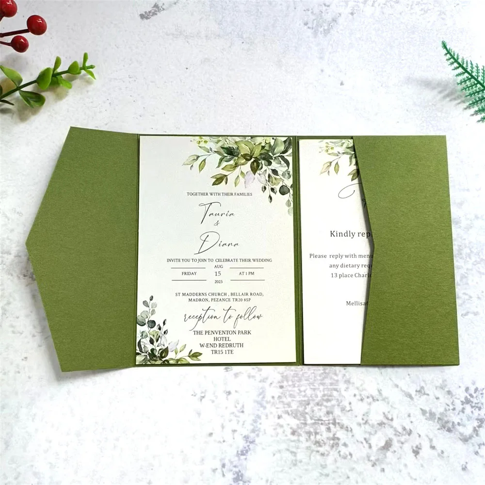 

Wedding Invitation Cards Envelopes Solid Tri-Fold Pocket Customized Invite RSVP Printing Personalized Announcement 50 Sets