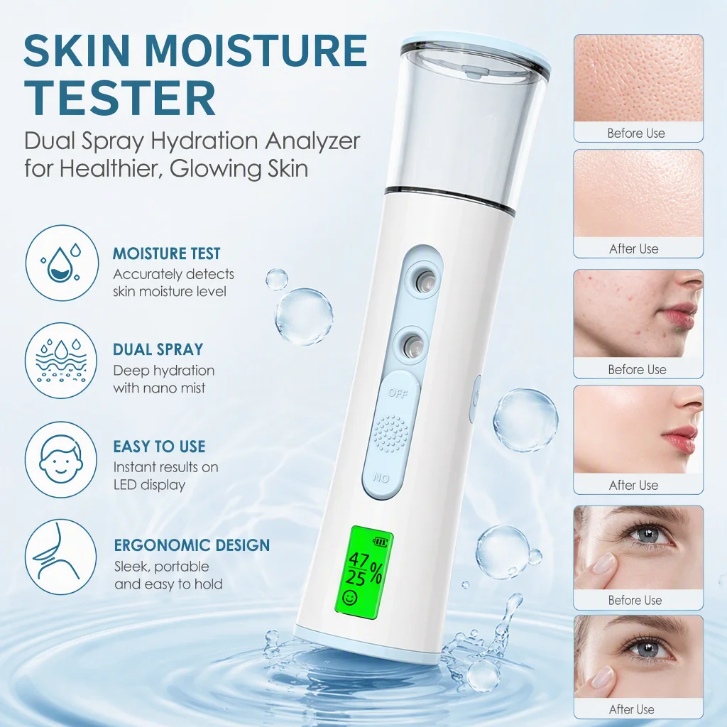 Double Spray-Head Nano Mist Sprayer Mini Hydrating Humidifier Skin Care LED Display Portable Facial Steamer Skin Analyzer Device