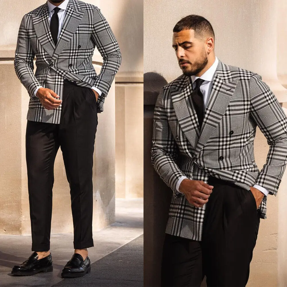 

Lattice Mens Suits Double Breasted Peaked Lapel Wedding Suit Jacket Pant Groom Tuxedos Custom Made Business Prom Party Wear