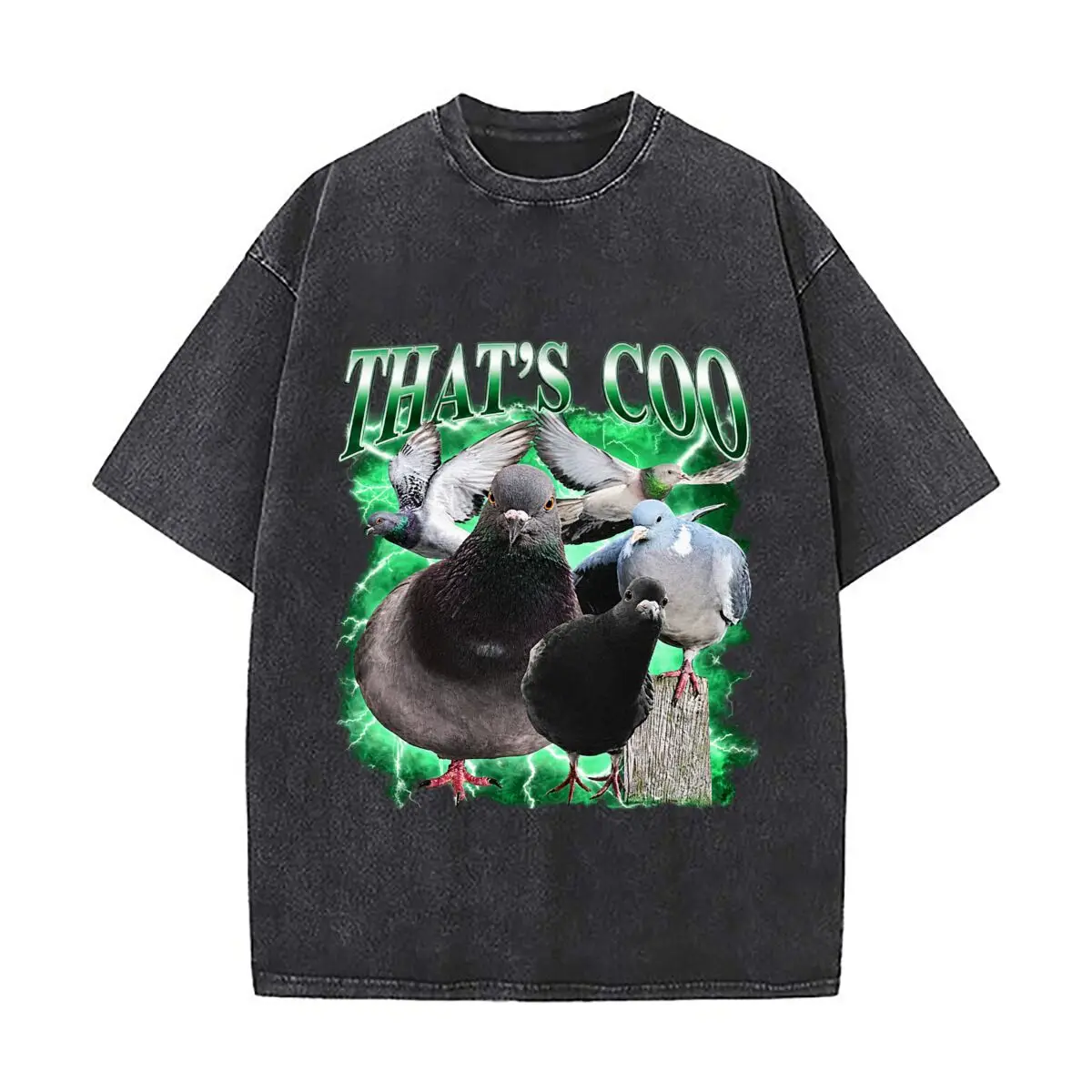 THATS COO Pigeon Flock Green Lightning Graphic Washed Short Sleeve Loose Streetwear Tee Hip Hop