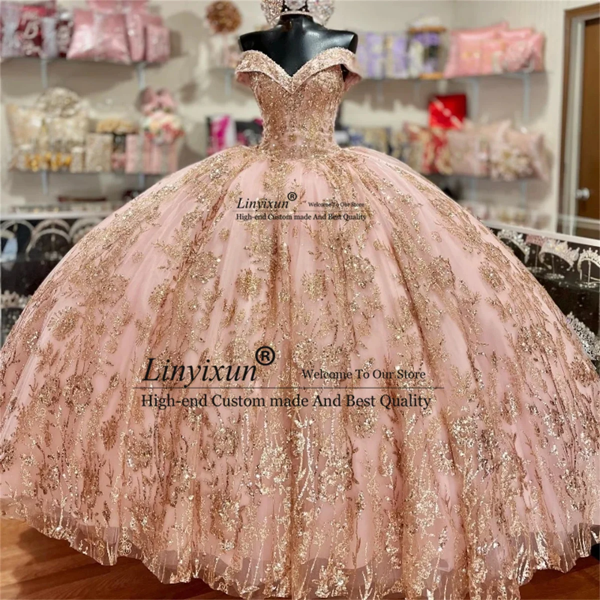 Pink Princess Quinceanera Dresses Off the Shoulder Ball Gown Glitter Gold Appliques Lace Sequins Sweet 16 Vestidos De XV 15 Años