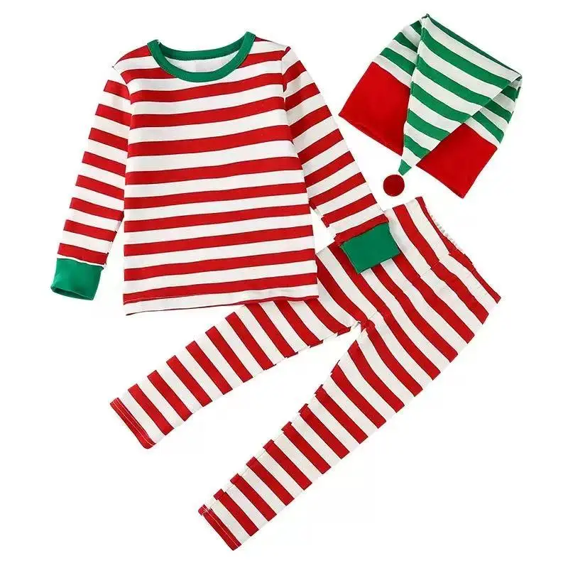 Autumn Children Long Sleeve Home Clothes Set Boys Girls Christmas Striped 2pcs Suit Cotton Kids Warm Pajamas Outfits 1-8 Years