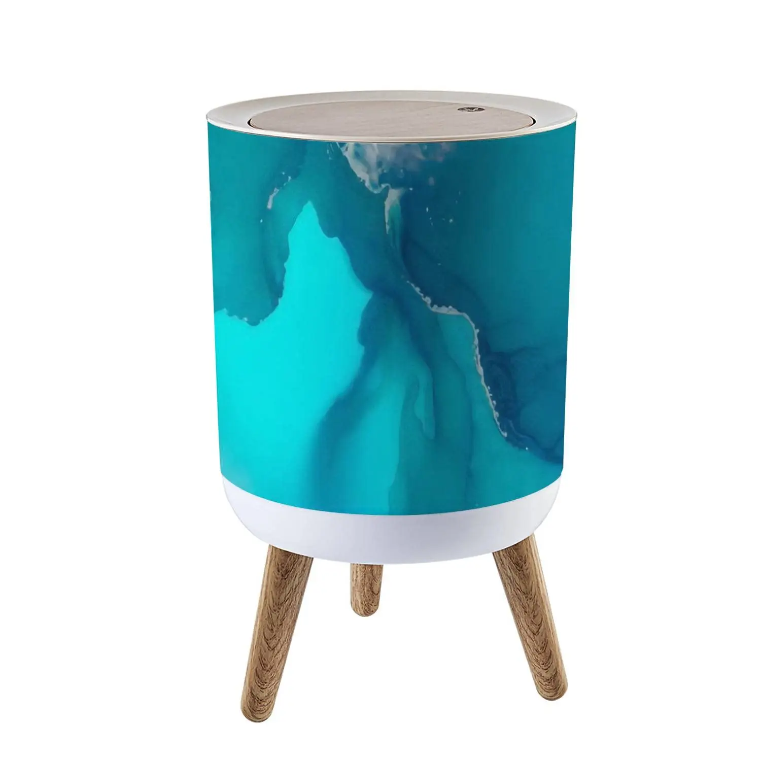 Small Trash Can with Lid Turquoise Ocean Water on Canvas Hand Painted Alcohol Ink Abstract Art Round Recycle Bin