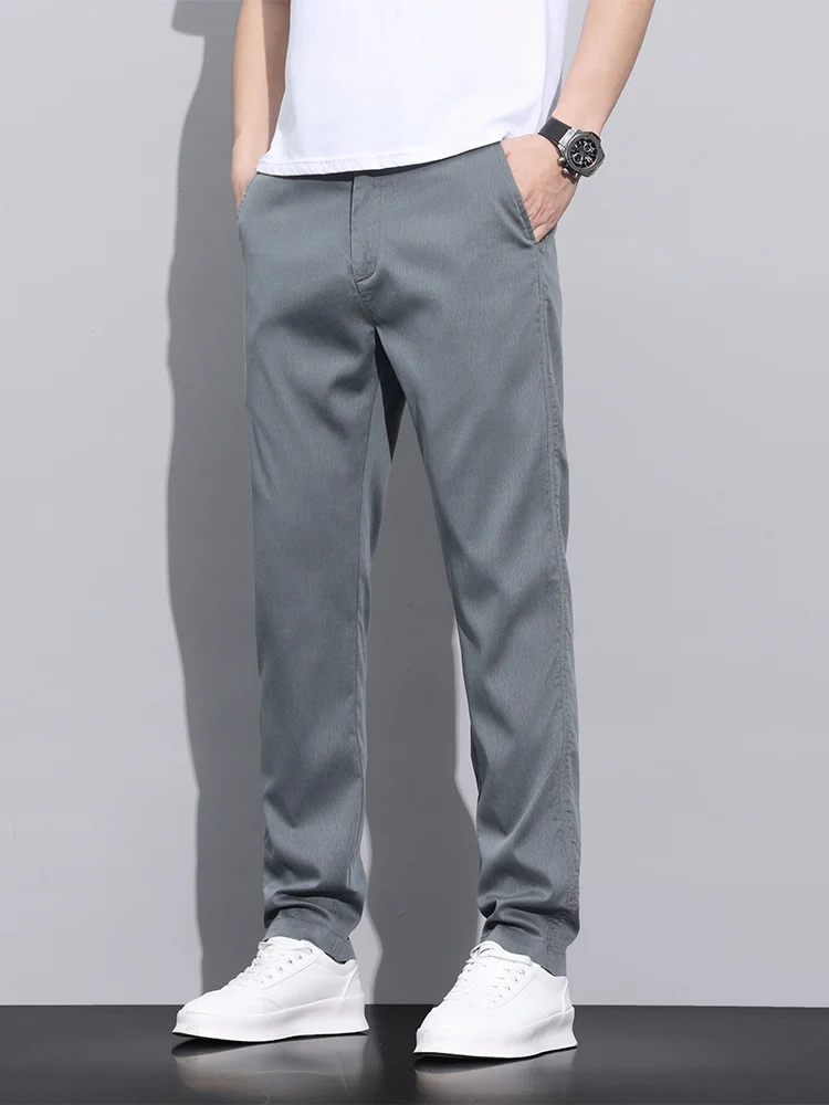 Pantalones informales de tela de fibra Lyocell para hombre, pantalón recto, ajustado, fino, suave, transpirable, elástico, para negocios, negro y gris, verano