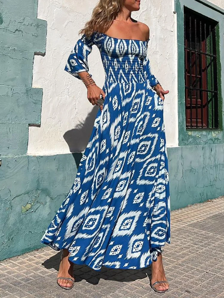 Modna sukienka głęboki dekolt z nadrukiem, damska wiosenna, rozkloszowana sukienka z rękawem sukienka Maxi z odkrytymi plecami, elegancka luźna sukienka damska