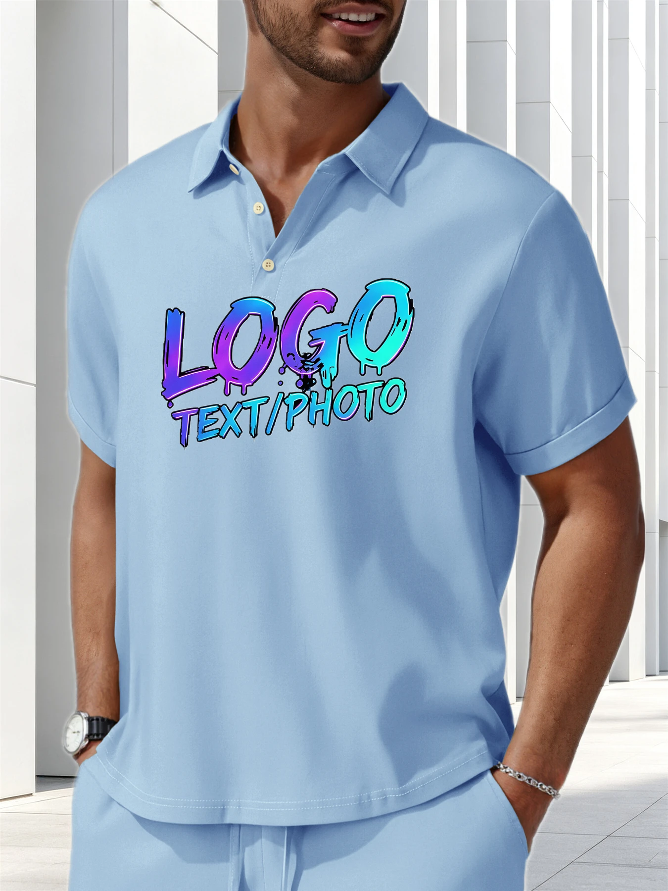Men Cotton Linen Textured Lapel Polo Shirt Customized LOGO, pictures Sleeve Patch Short Sleeve Casual Summer Top