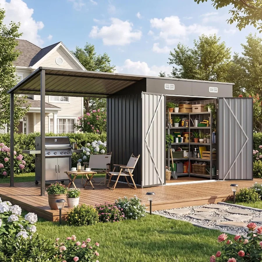 Outdoor lean-to shed hardtop gazebo for backyard use, galvanized steel frame, charcoal gray, rust-resistant and weatherproof