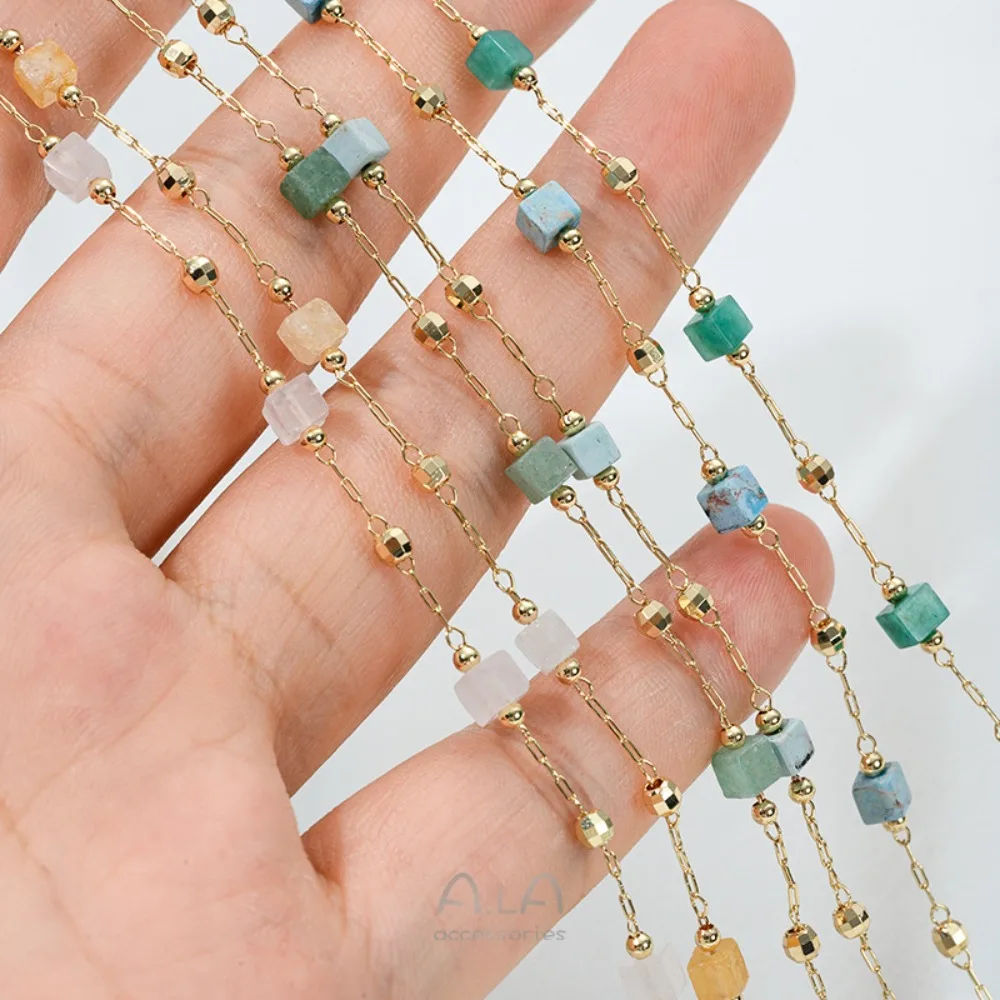 

14-каратное золотого цвета, маленький квадратный натуральный кристалл, клубничный кристалл, желто-зеленый нефрит, бирюзовая бусина, проставочная цепочка, сделай сам, свободная цепочка