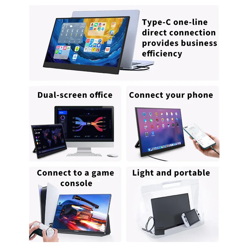 14inch 60Hz Portable Monitor 1920*1080 16:9 Low Blue Light For XBox PS4/5 Switch Cell Phone PC Loptop HDMI Type c Extension