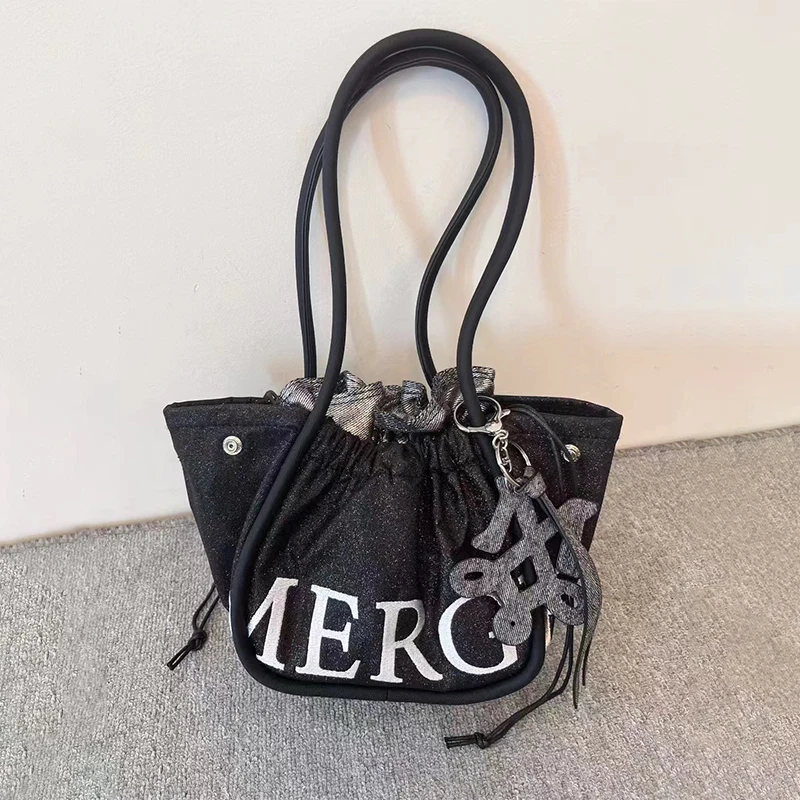 

New Glossy Denim Letter Drawstring Bag Creative Trendy Handheld Double Layer Small High-end Handbag