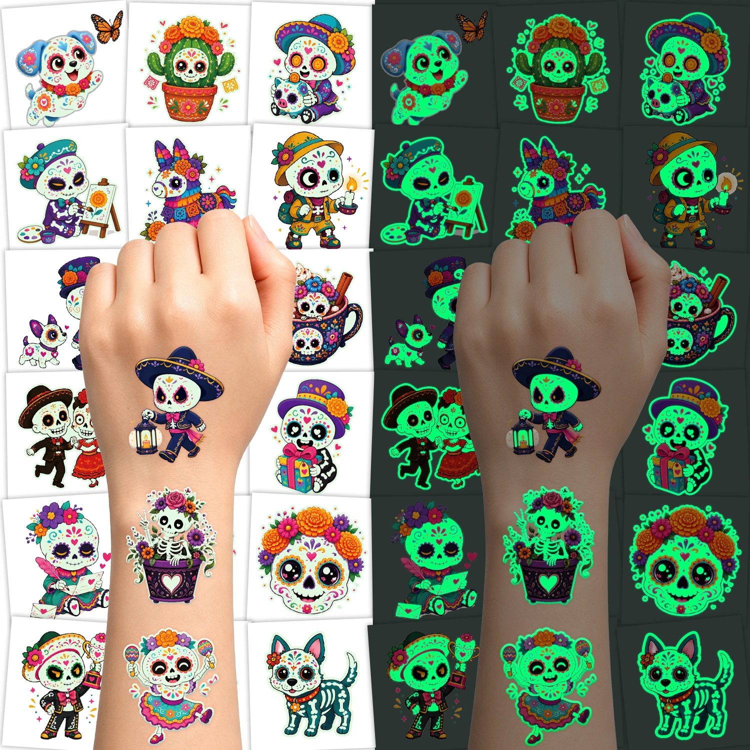 Pre Cut Day of the Dead Luminous Temporary Tattoos - 108 Pieces Glow In The Dark Tattoos Stickers ,Sugar,Skeletons,Gemstones,Red