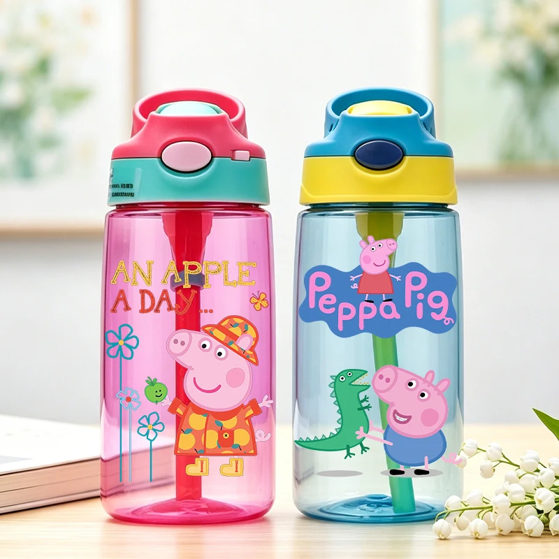 Botella de Agua Kawaii de Peppa Pig con Pajita para Niñas y Niños, Taza Deportiva para Exteriores, Taza de Viaje Escolar, Botella de Plástico, Regalo para Niños, Nueva