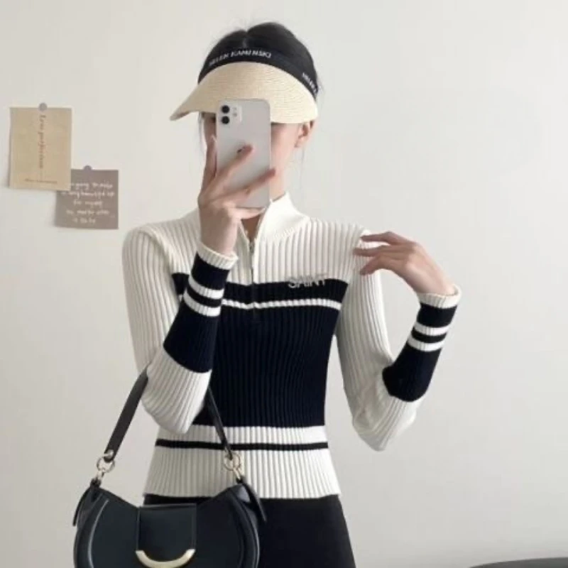 Vintage Color Block Knit Cardigan For Women Half Zip High Neck Collar Short Sweater With Stylish Design