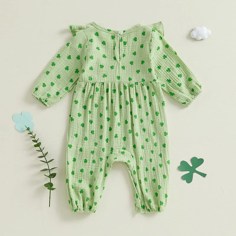 Baby Girls Rompers Ireland Clover Print Double Bow Spring Bodysuits Jumpsuits Newborn Clothes