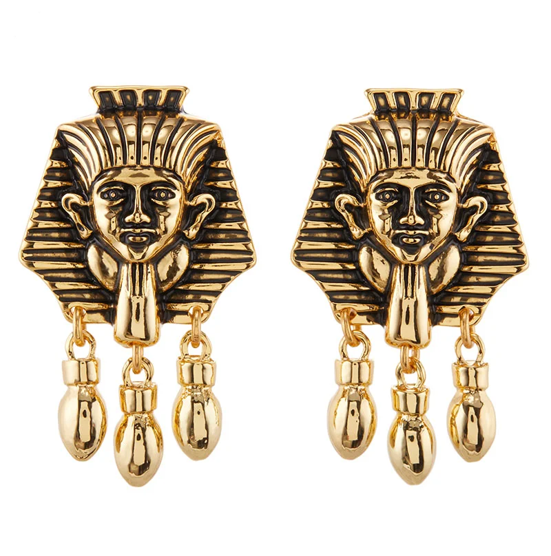 Fraya Vintage King Tutankhamun Earring Retro Egyptian Revival Statement Large Stud Earrings 925 Silver Pin Plated 18K Gold