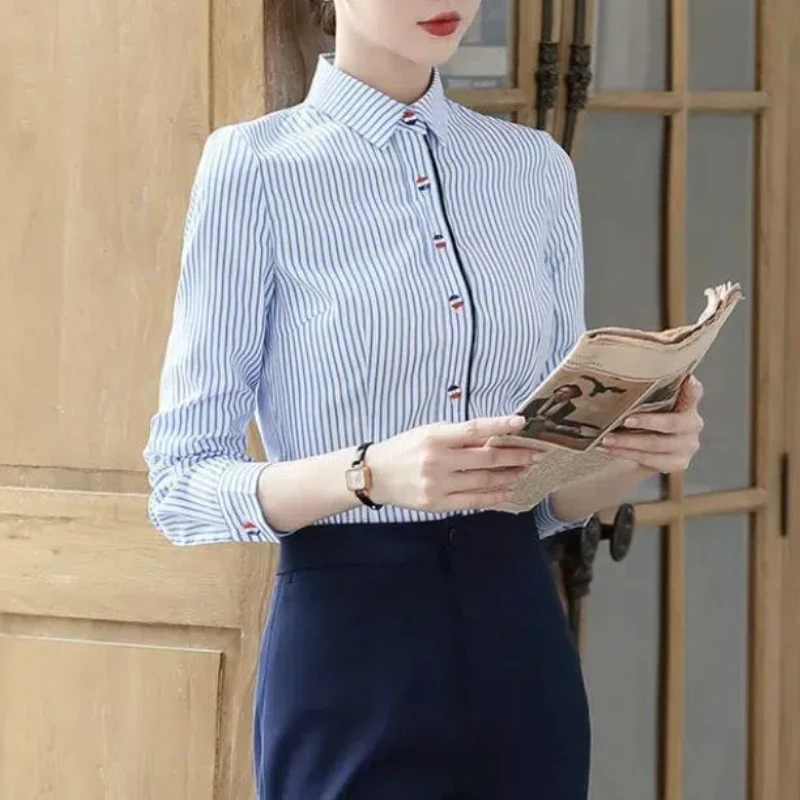 Spring Thin Striped Blouses Women\'s Commute All-match Polo Collar Loose Solid Color Casual Single-breasted Long Sleeve Shirts