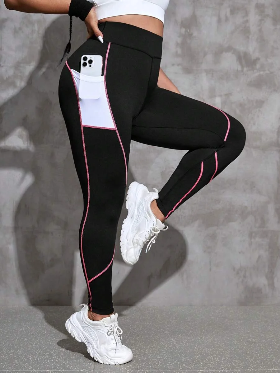 plus size Yoga Futuristic Plus Phone Pocket Top stitching Sports Leggings