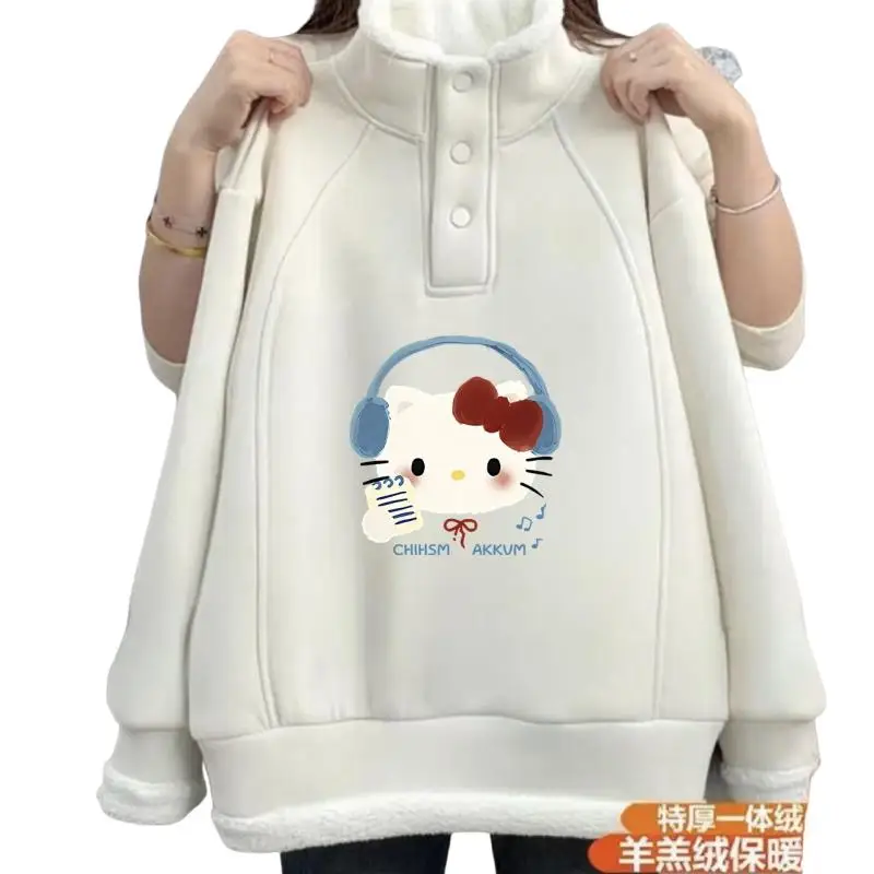 

Sanrio Kitty Повседневный флисовый топ на пуговицах для девочек, новый уютный зимний свитшот с длинными рукавами для больших детей, универсальный модный свитшот с принтом, одежда