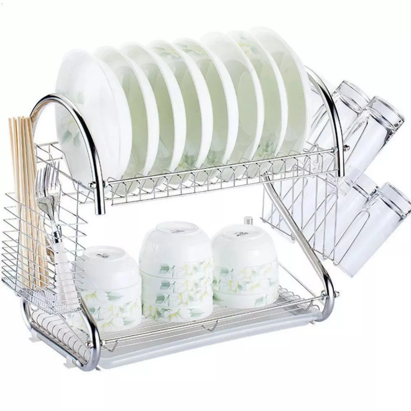 

Multi-function 2-Tier Stainless Steel Dish Drying Rack Kitchen Storage Silver