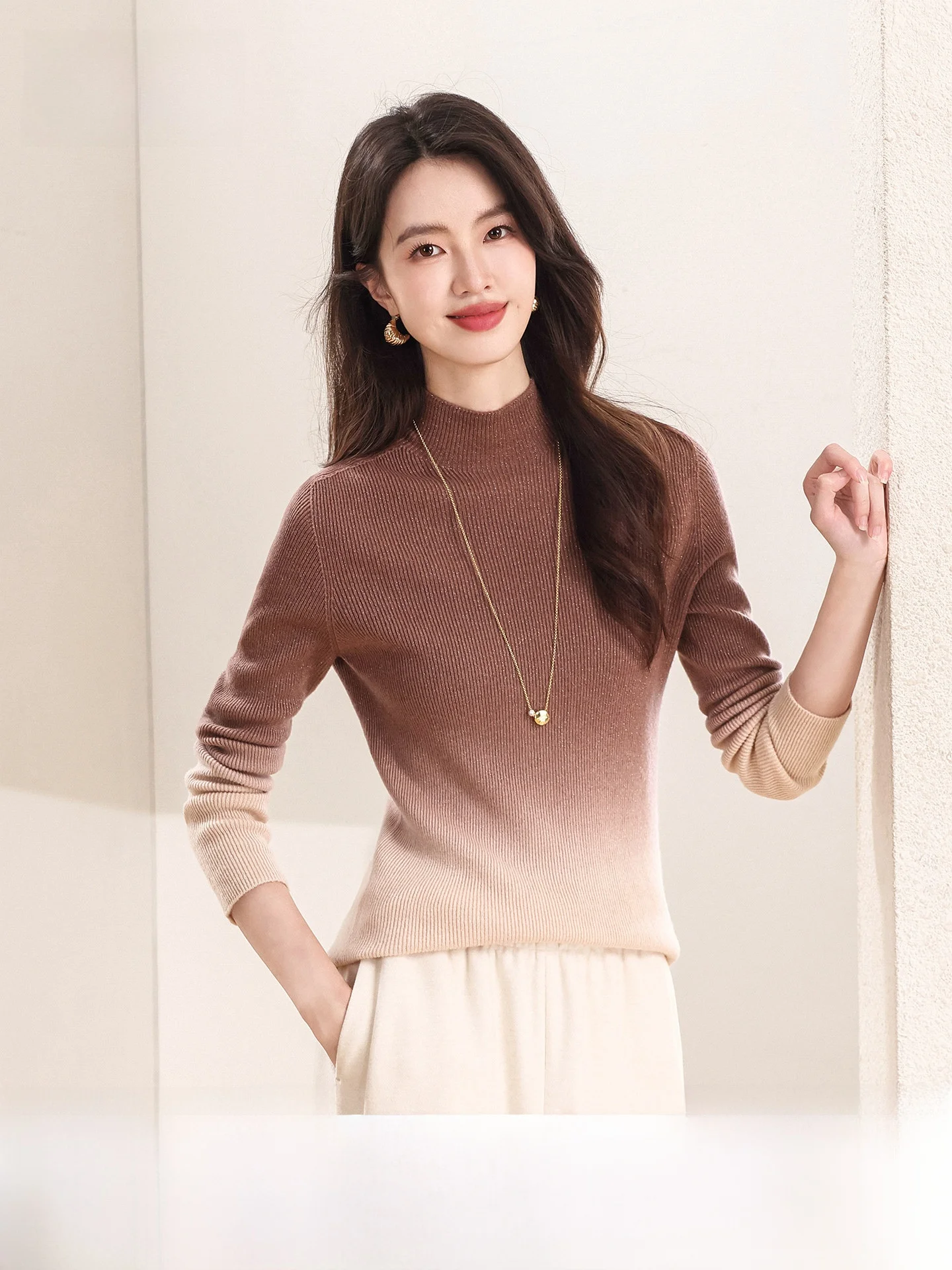 

Soft Comfortable Gradient Women's Half High Collar Wool Sweater Inner Wear Casual Style Regular Fit Long Sleeve Warm Top