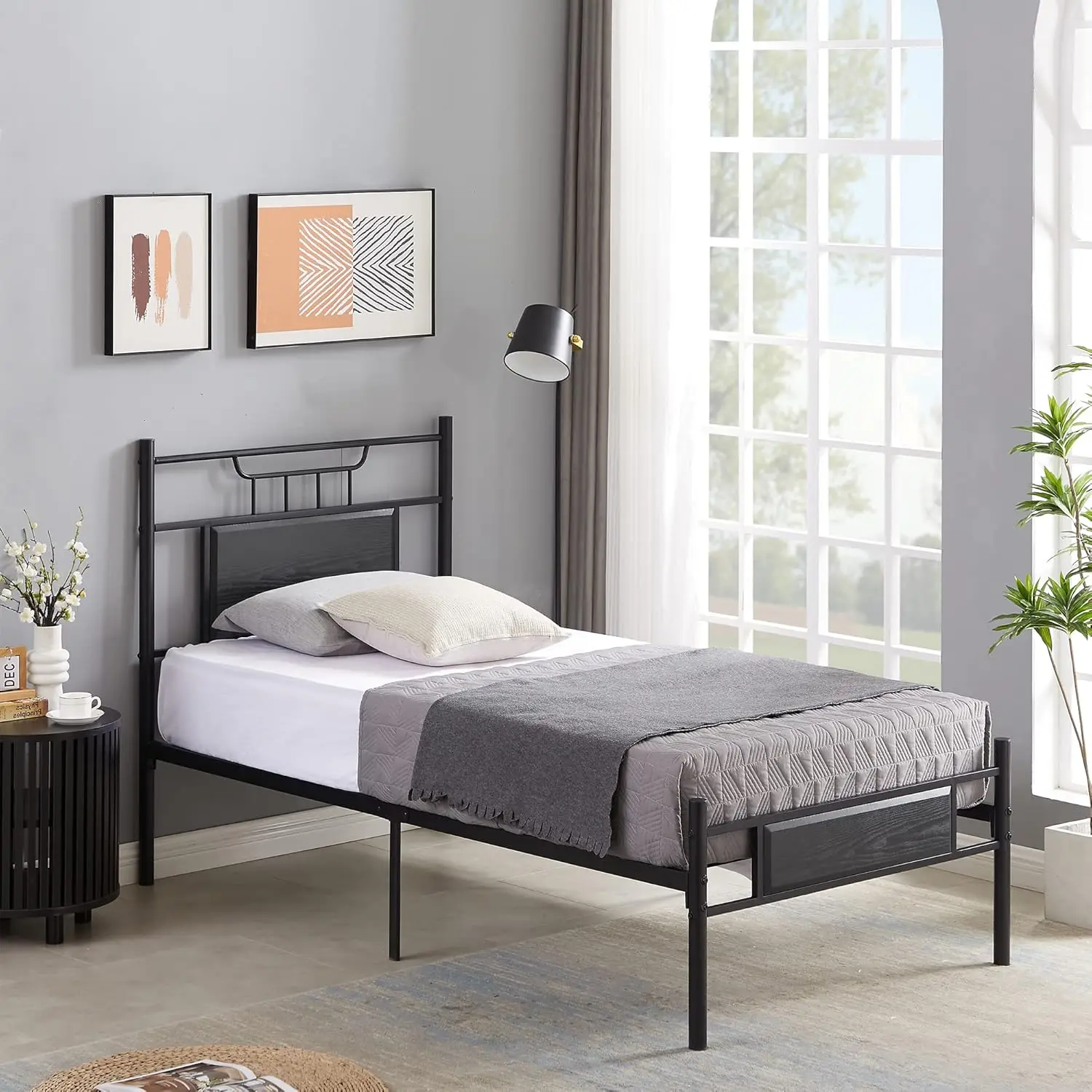 

Twin Size Platform Bed Frame With Wood Headboard/Mattress Foundation/Premium Steel Slats Support/No Box Spring Ned,Bla(Crown)