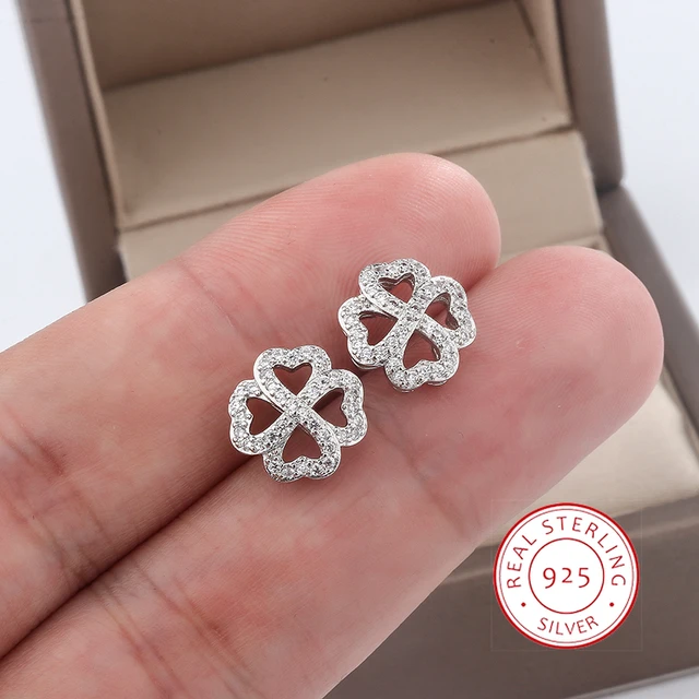 AliExpress 925 Silver Plated Earrings for Women s High Quality Zircon Four Leaf Clover Shaped Earrings