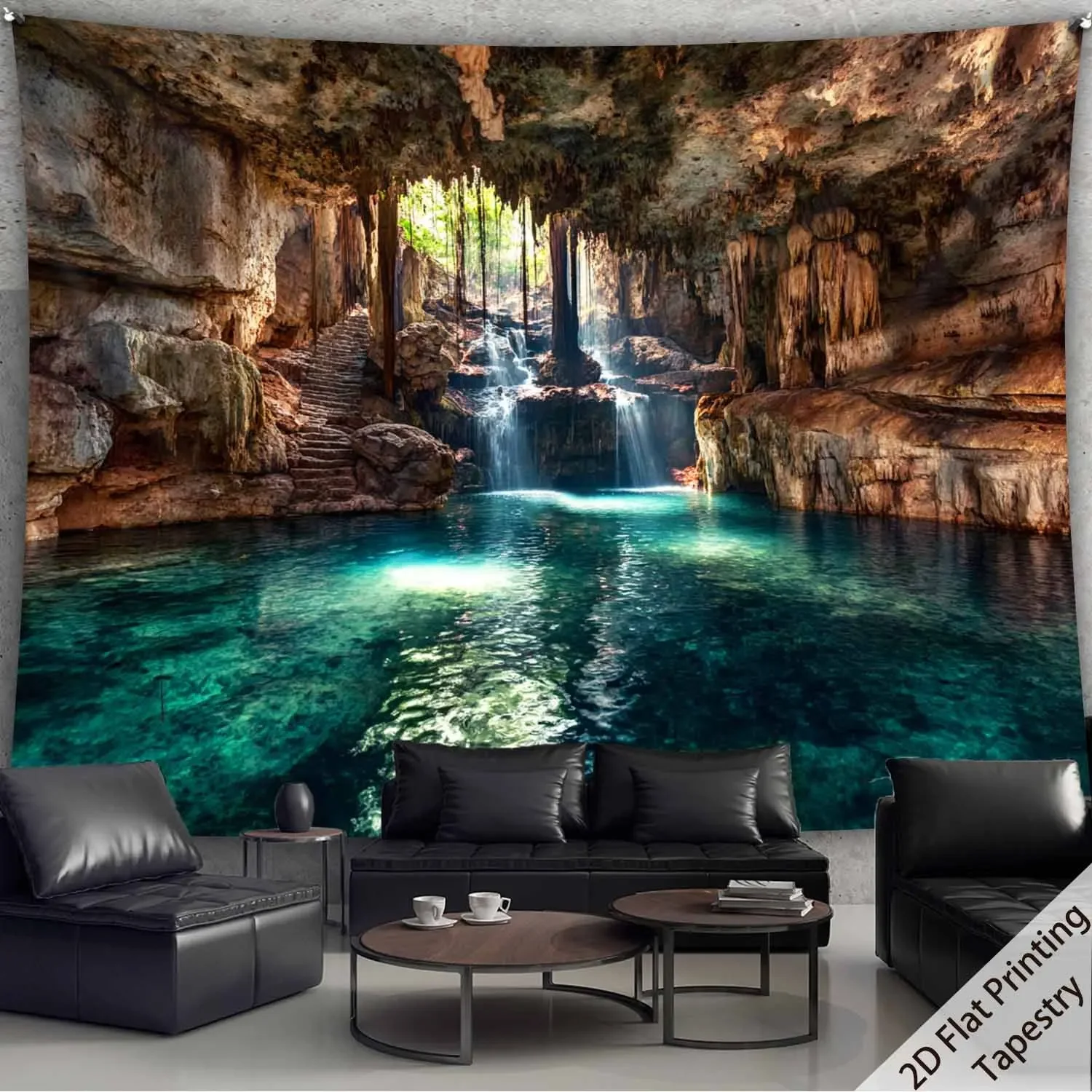 Cenote Cave Tapestry Wall Hanging Underground Waterfall Lagoon Landscape Tapestry Boho Home Decor for Living Room Bedroom