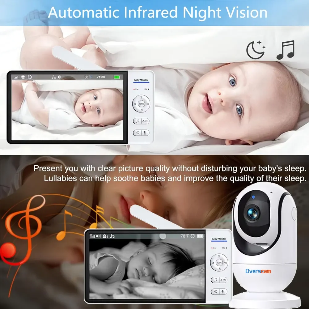 Baby Monitor Schermo da 7,0 pollici Batteria da 5000 mAh Sicurezza domestica intelligente per interni Telecamera con zoom PTZ Video sorveglianza Temperatura Ninne nanne