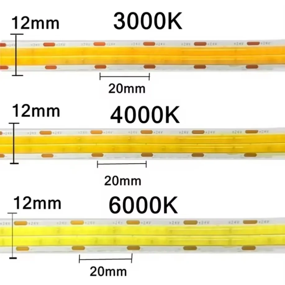 Flexível COB LED Strip Lights, linha dupla, regulável, Super brilhante, alta densidade, 600LEDs por m, DC 24V, 3000K, 4000K, 6500K, 2000LM, M