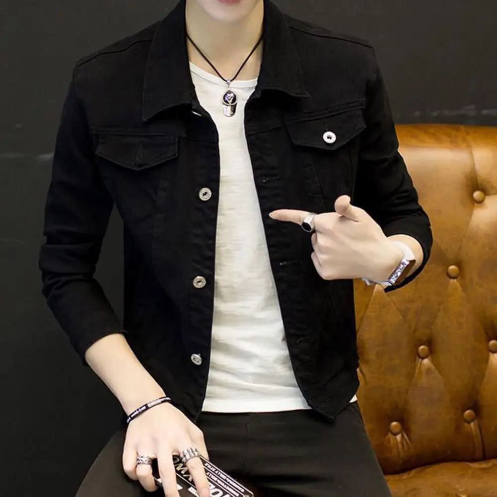 Men Jacket Lapel Jacket Stylish Men\'s Slim Fit Denim Jacket Solid Color Turn-down Collar Long Sleeve Outerwear for Spring Autumn