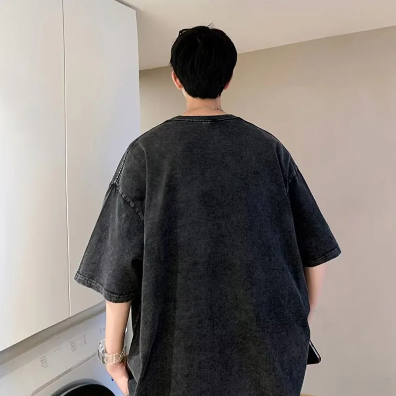 Short Sleeved T-Shirt For Men's Summer American Style Pure Cotton Washed And Distressed Ruffian And Handsome Large Half Sleeves