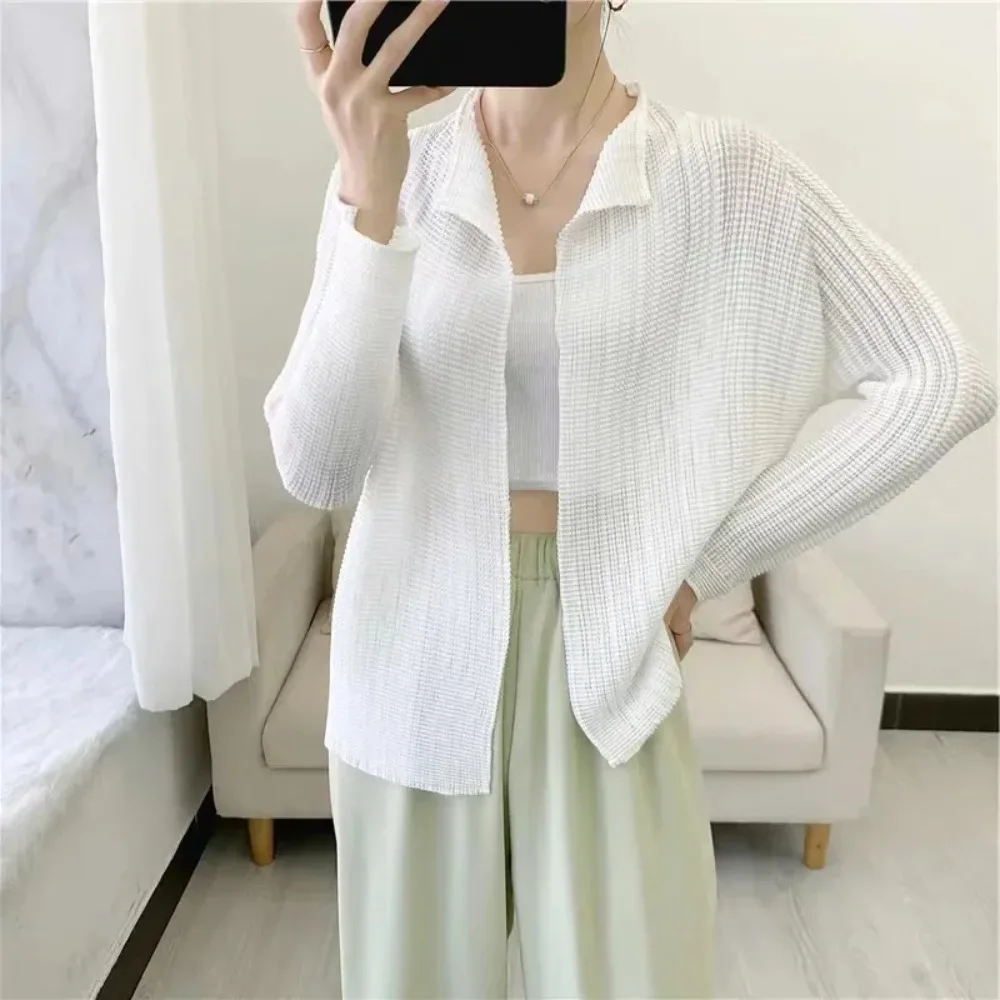 Women Solid Jacket New Sun Protection Clothing Summer Thin See Through Coat Fashion Pleated Oversized Outwear Tops