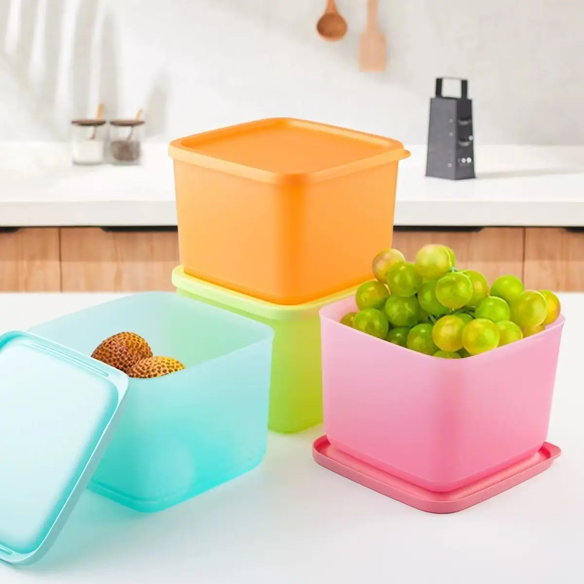 

4pcs Kitchen Sealed Boxes Rectangular Refrigerator Storage Box with Lid Plastic Crisper Microwave-heated Lunch Box Storage Box