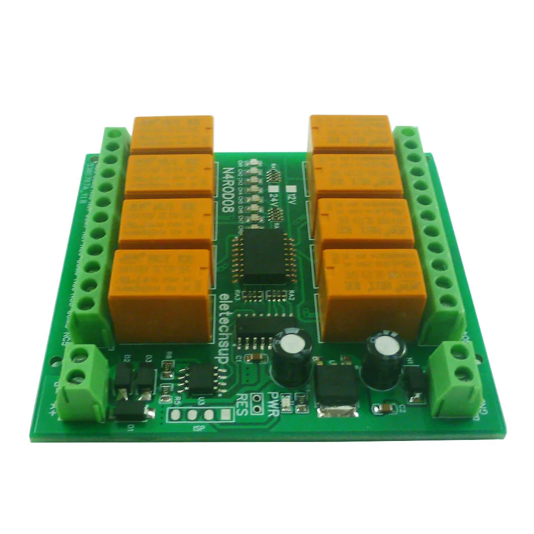 DIN C35 Relé Board, Rail Mount Box para PLC, HMI, DC 12V-24V, 8 Canais, Tamanho Micro, Baixo Consumo de Energia, RS485, RS422