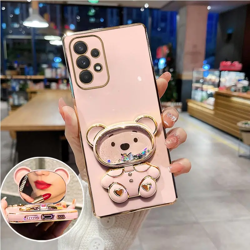 Quicksand Mirror Bear Phone Holder Case For OPPO Find X7 X6 X5 X2 X3 Lite Neo Realme GT Neo 3 2 SE Pro Folding bracket Cover