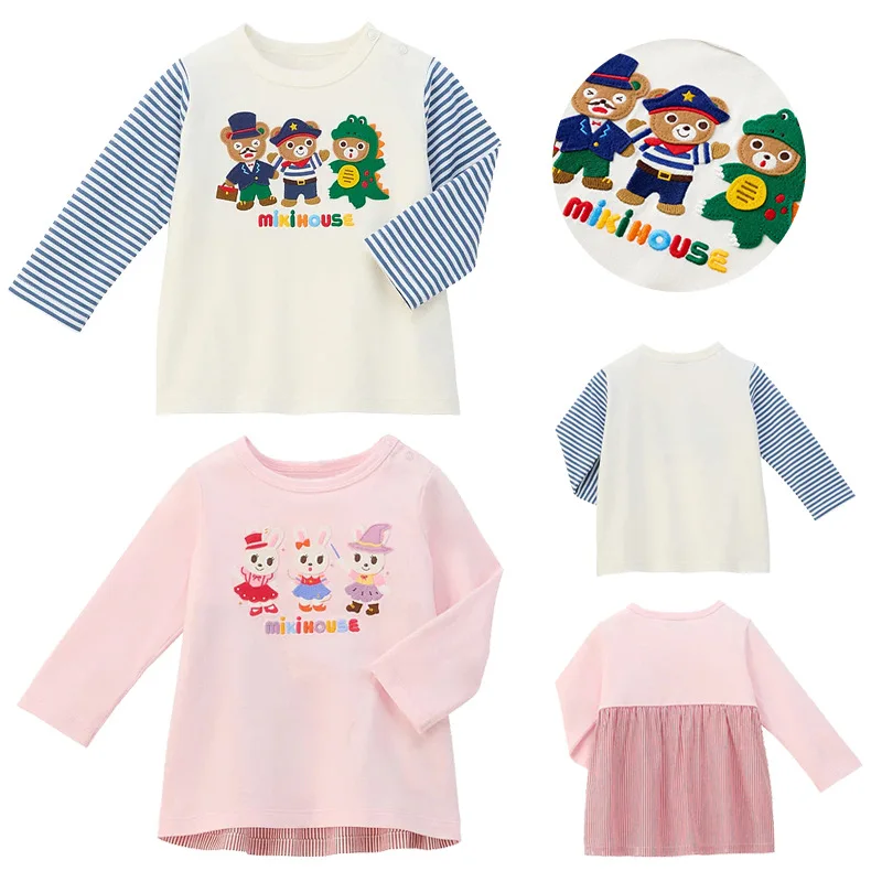 

Новая осенняя детская футболка с длинными рукавами и топом с милым медведем, кроликом и динозавром, вышивкой