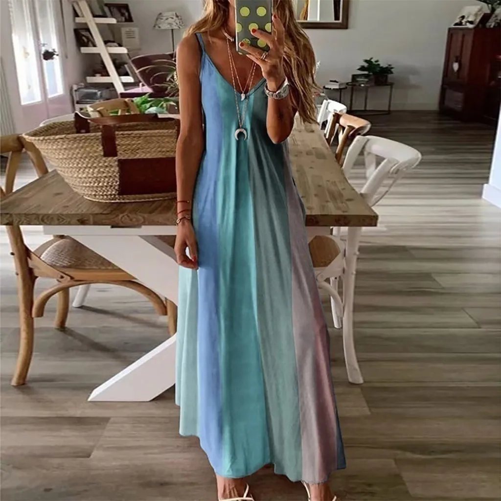 

New Women's Rainbow Long Dresses Summer Spaghetti Straps Deep V-Neck Long Dress Holiday Style Maxi Dress Ladies Costume Vestidos