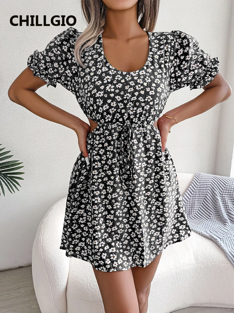 CHILLGIO Women Floral Print A Line Sundress Short Puff Sleeves Vestidos Slim Cut Out Korean Bohemian Summer Chiffon Beach Dress