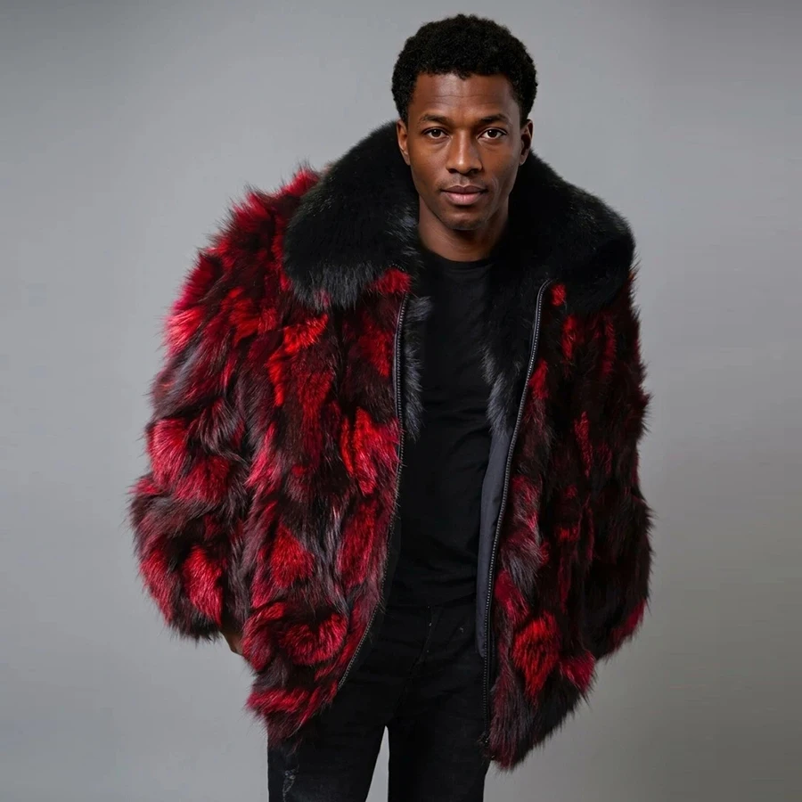 Men's Fox Fur Jacket With Lape Real Fox Fur Zippered Bomber Jacket Cropped Fur Jacket Fashion Casual Natural Fur Overcoat