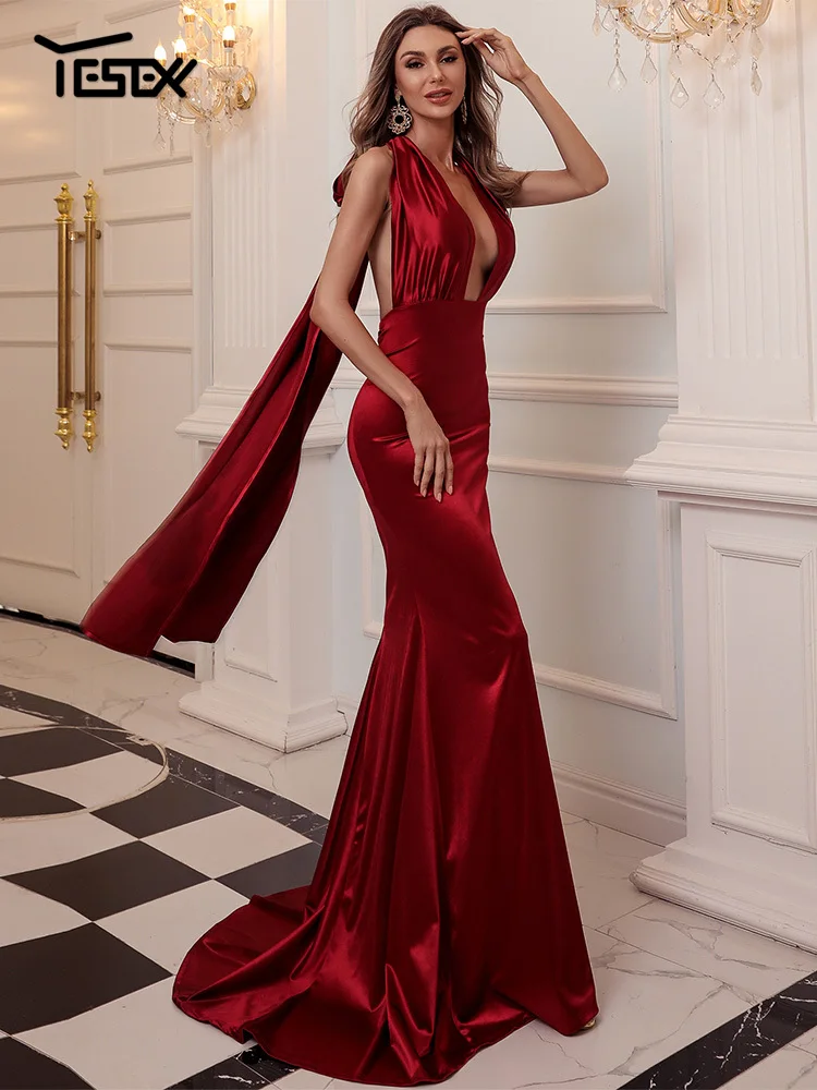 Yesexy Sexy Dress Summer Dress Women Self Tie Plunging Halterneck Fishtail Satin Prom Dress Vestidos Robe
