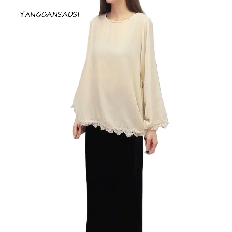 

Women's Fashion Autumn New Retro 30% Natural Mulberry Silk Velvet Lace Splicing Round Neck Long Sleeve Loose Milk White T-shirt