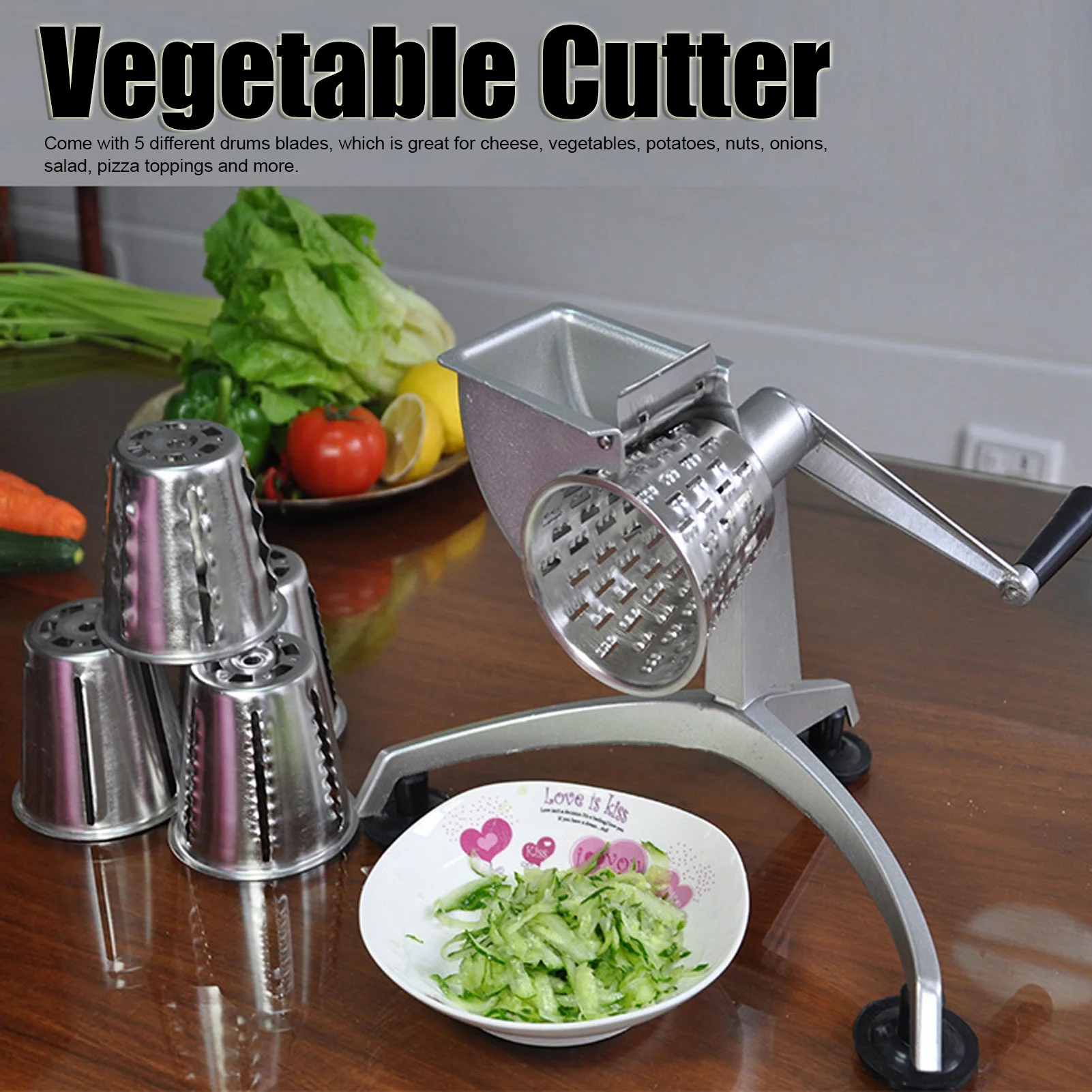 

Vegetable Cutter 5 Interchangeable Stainless Steel Blades Food Processor Suction Base Dishwasher Safe for Salads Dumplings