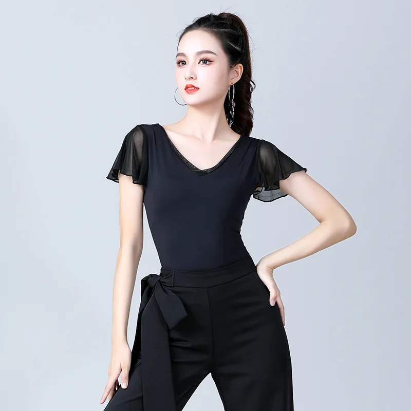 Haut de danse latine à col rond pour femmes, vêtements de danse à manches courtes, mode norme nationale, chemise d'entraînement de danse moderne