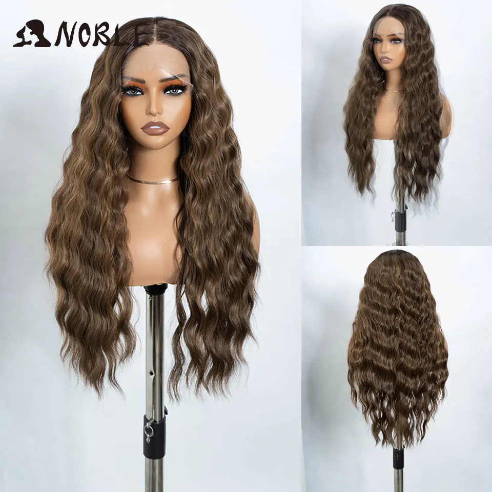 Edle Perücke, synthetische Lace-Front-Perücken für Frauen, 13 x 4 lockige Spitzenperücke, Ombre-Braun, vorgezupft, vorgeschnitten, Wear And Go, leimlose Spitzenperücken