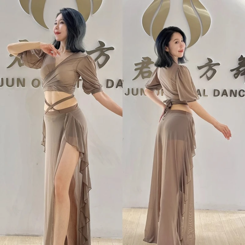 Belly Dance Professional Suit for Women Mesh Short Sleeves Top+sexy Split Long Skirt 2pcs Girl's Oriental Belly Dancing Suit
