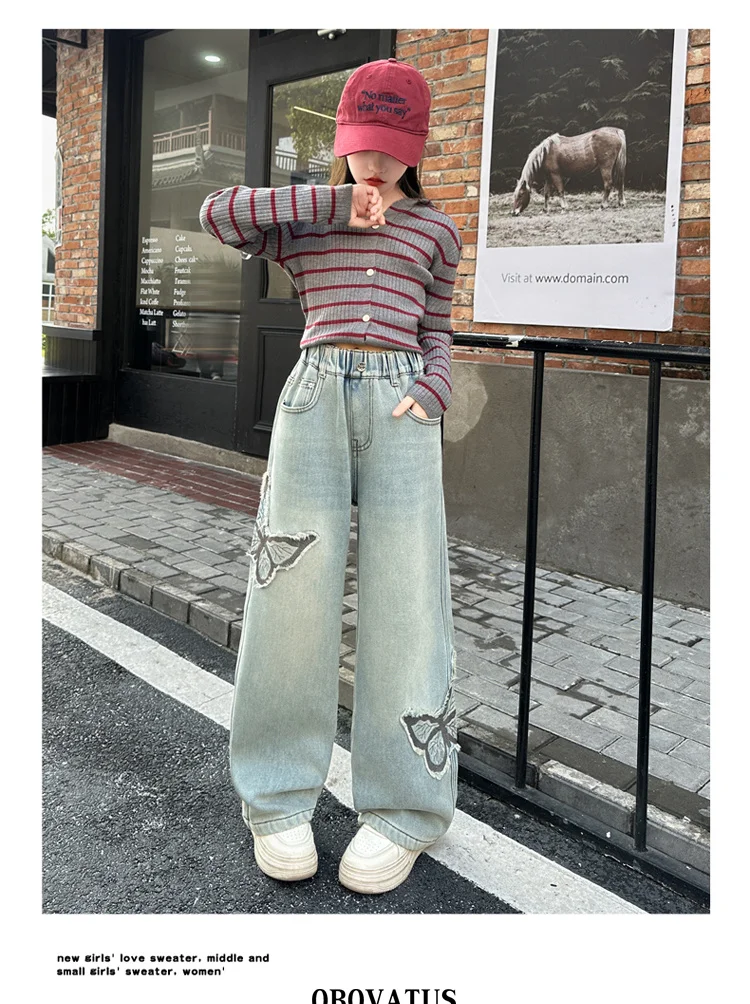 Modische Kinder-Vintage-Jeans in Blau mit Schmetterlings-Applikation für Mädchen, Slim Fit, Gerader Schnitt, Denim-Hosen für 5 bis 14 Jahre – Detail 6